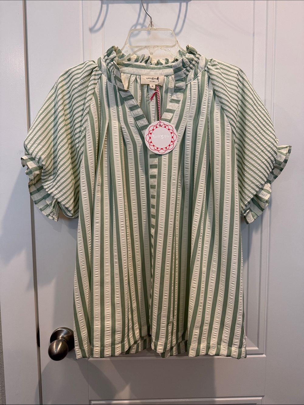 Umgee Green & White Striped Ruffle Neck Blouse